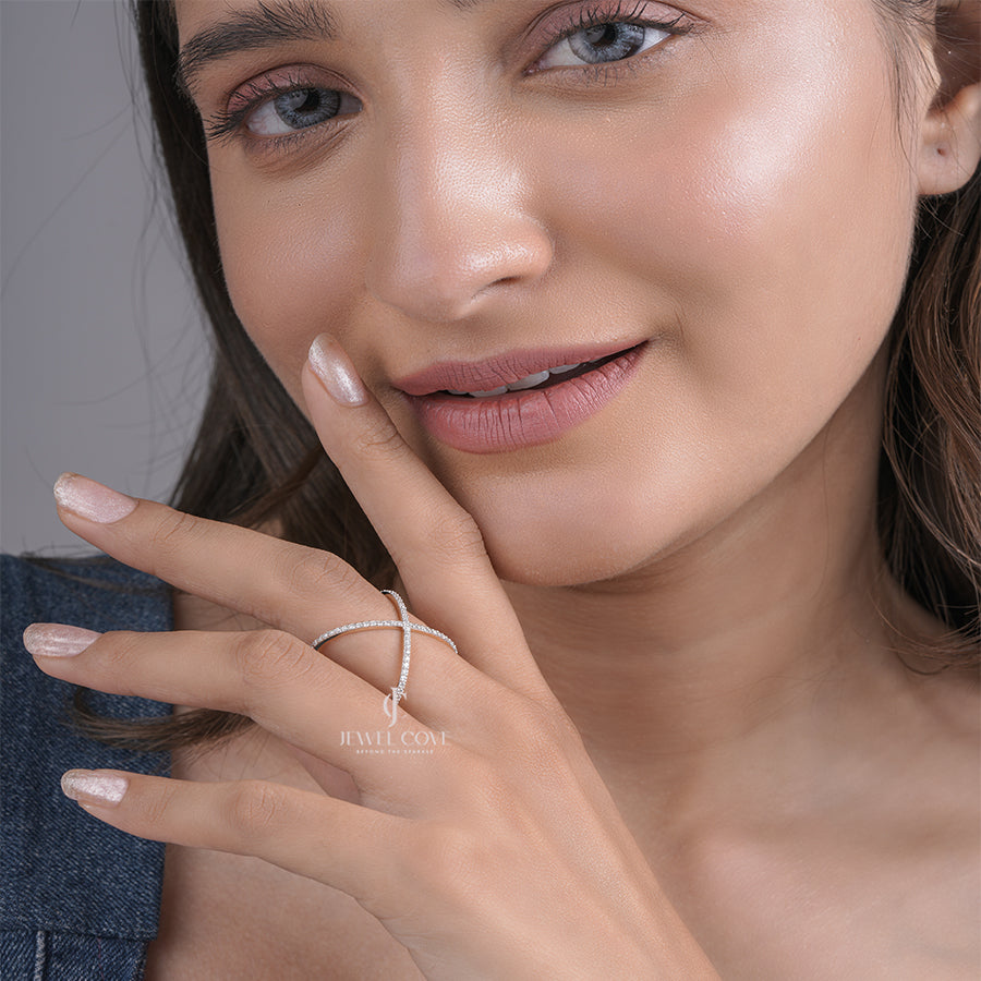 X-Shape Crossover Moissanite Ring with Pave Detailing, Modern Elegant Gold Jewelry