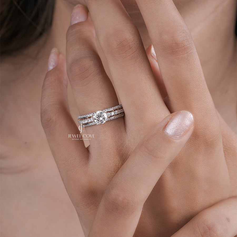 Round Brilliant Moissanite Diamond Engagement Ring with Split Pave Band in Yellow Gold | Luxury Bridal Jewelry