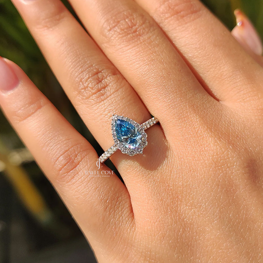 Cyan Blue Pear Diamond Ring In cathedral setting | Lab Grown Diamonds | IGI Certified