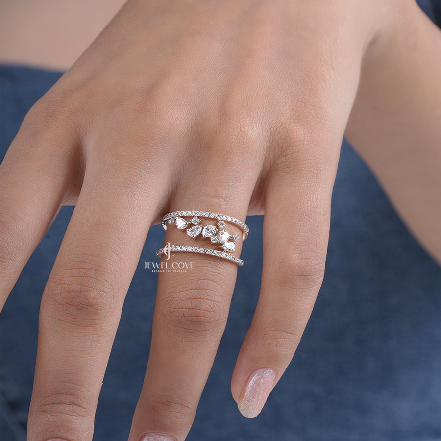 Open Cuff Lab Grown Diamond Ring with Pear and Round Cut Diamonds in Yellow Gold