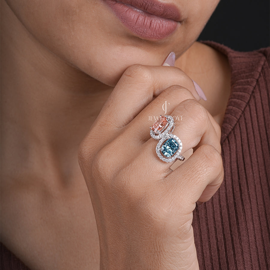 0.80 Carat Side Diamond With Sapphire Blue & Pink Stone Ring