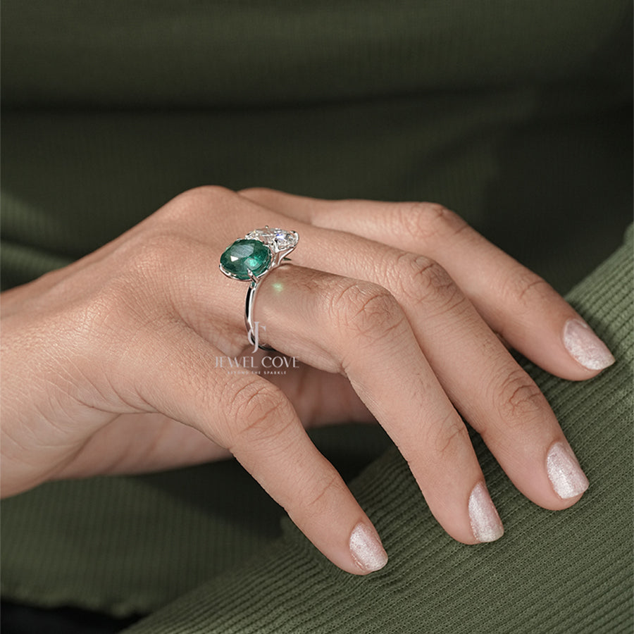 Two Stone Oval Moissanite Ring with Green Emerald and White Diamond