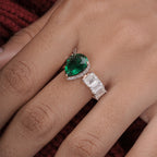 Maurya Pear Emerald Open Living Leaf Side Emerald Wedding Ring