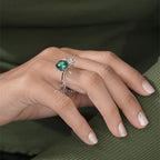 Two Stone Oval Cut Ring with Green Emerald and White Diamond