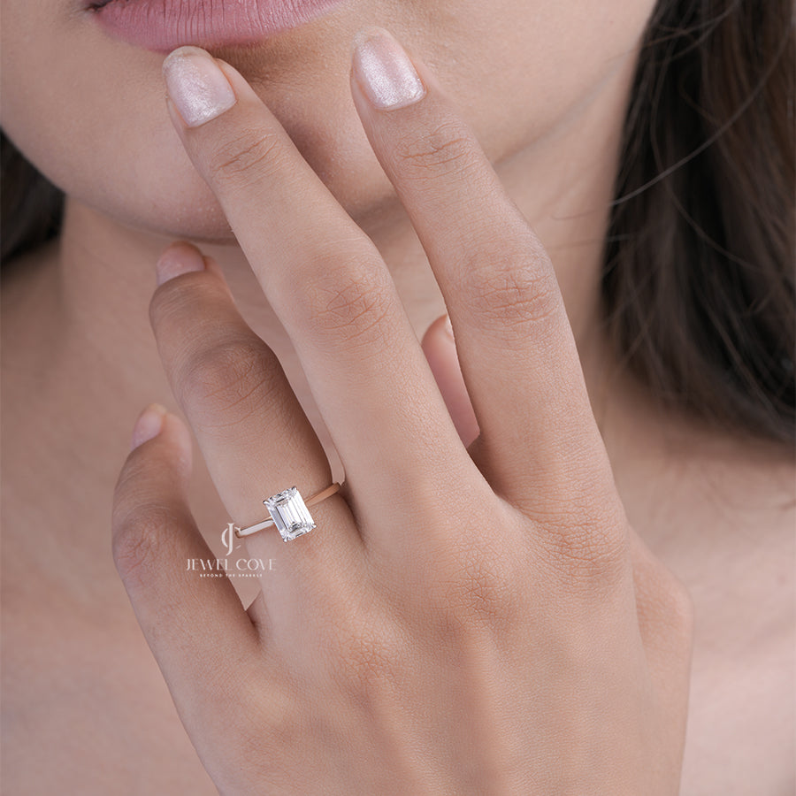 Emerald Moissanite Solitaire Engagement Ring in Yellow Gold Minimalist Bridal Ring