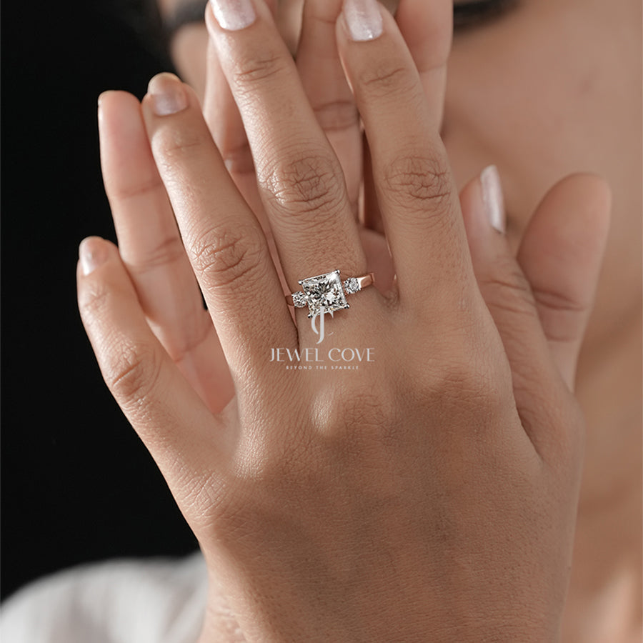 Three-Stone Princess-Cut Diamond with Round Side Diamond Ring