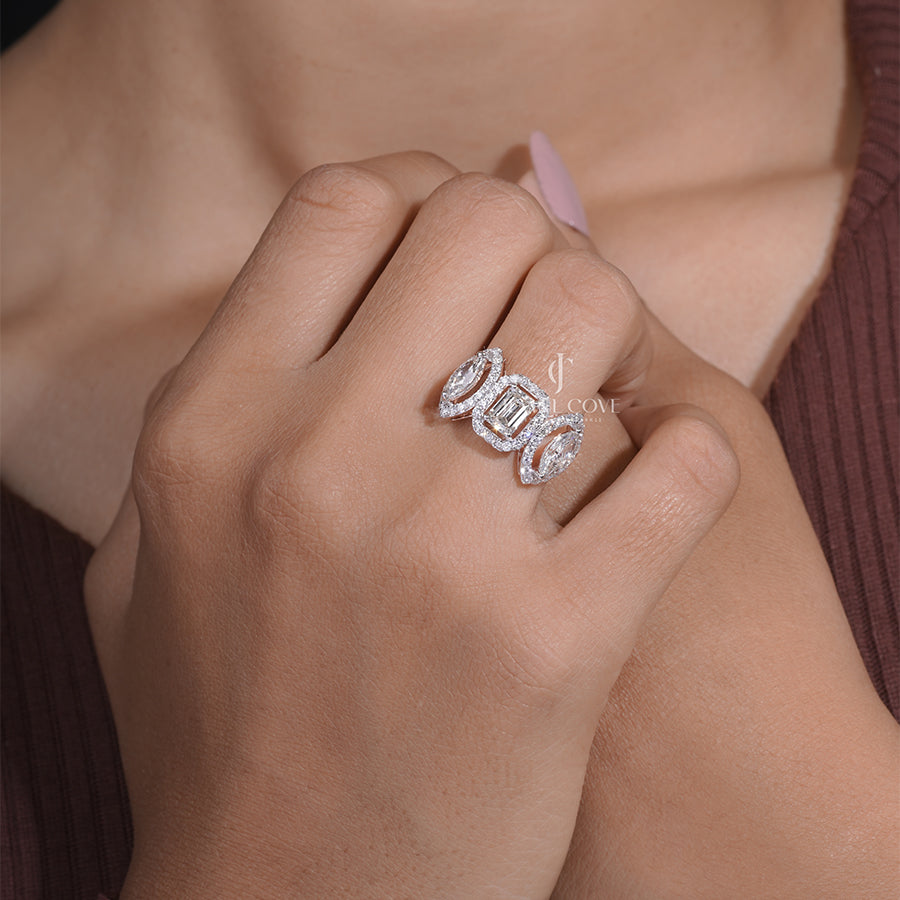 Emerald diamond with side Two Marquise Leafy Engagement Ring