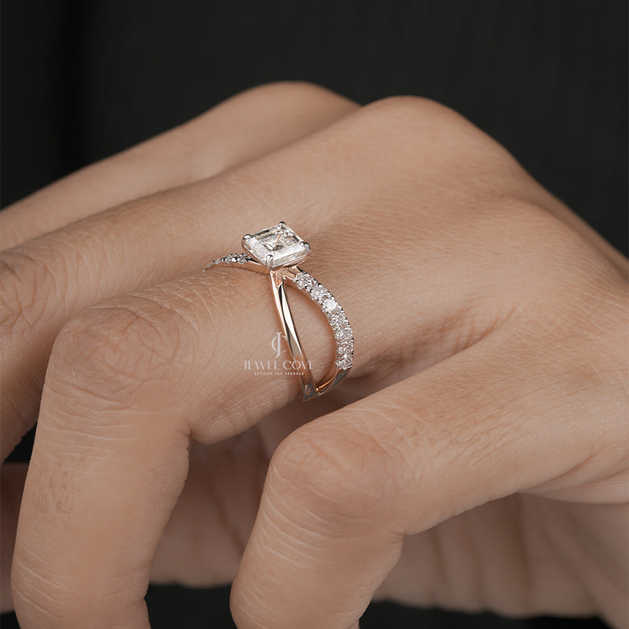 Emerald Square Cut Criss Cross Ring for Women in Rose Gold Engagement and Wedding Jewellery