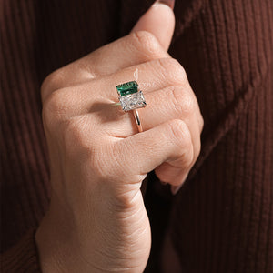 Two Stone Emerald Solitaire Moissanite With Green Stone Ring | IGI Certified | E-F Color | VVS- VS Clarity