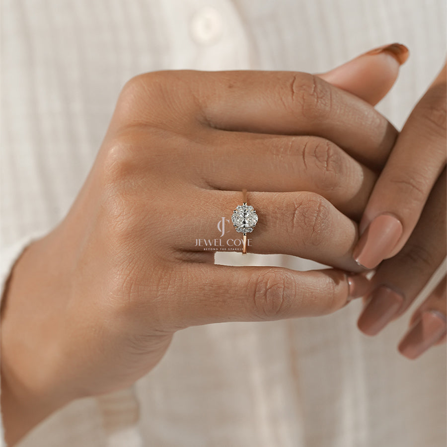 Oval Cut Diamond Engagement Ring with Side Halo on Gold Band