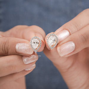 Pear Moissanite Two Style Wearing Studs Earrings with Halo | IGI Certified