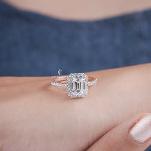 2CT Emerald Moissanite Halo Setting Ring with Pave Band | Engagement Jewelry | IGI Certified