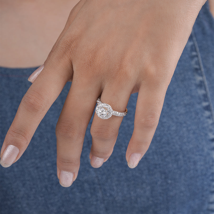 Round Cut Moissanite Diamond Ring with Elegant Swirl Halo and Pave Diamond Band