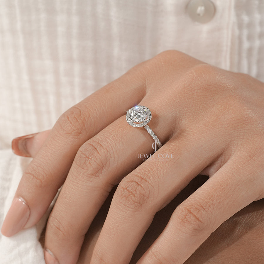 Round Halo Lab Grown Side Eternity Propose Ring | E-F Color | VVS- VS Clarity | IGI Certified