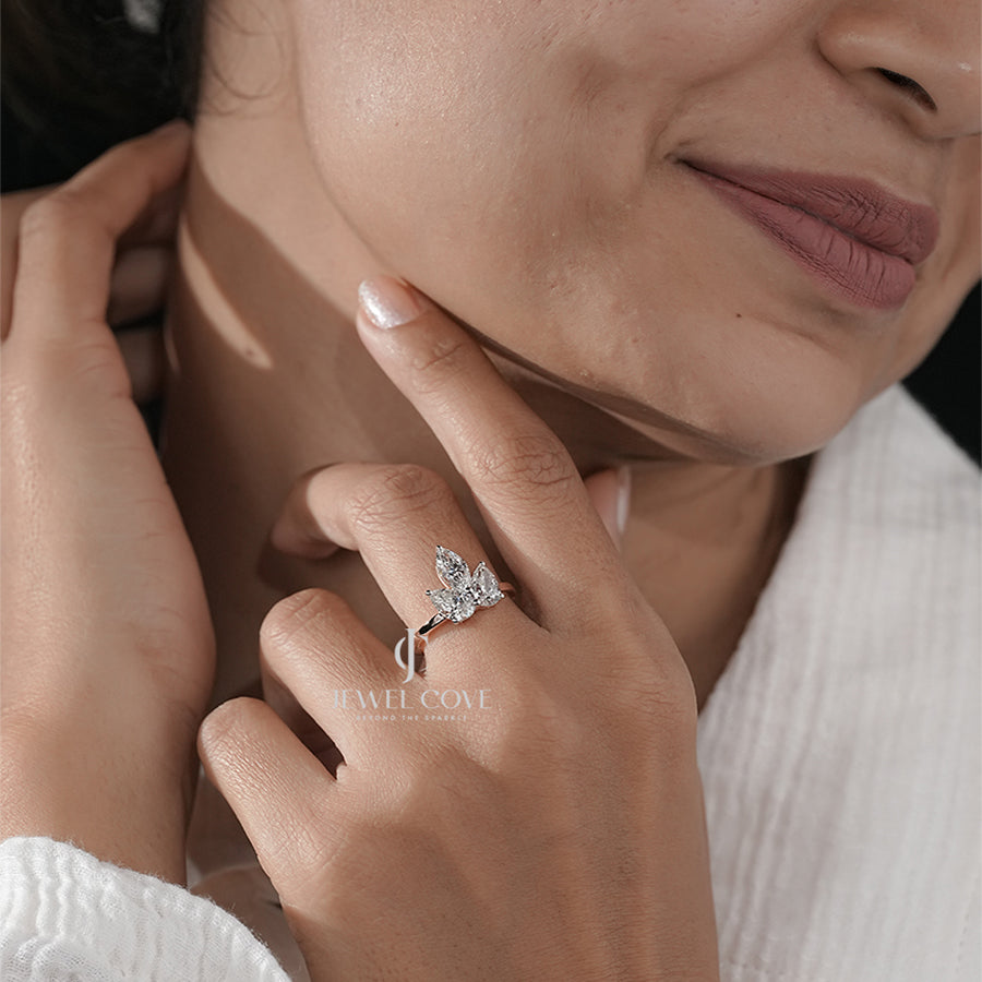 Elegant Moissanite Marquise Triple Diamond Ring with Pear Side Diamond