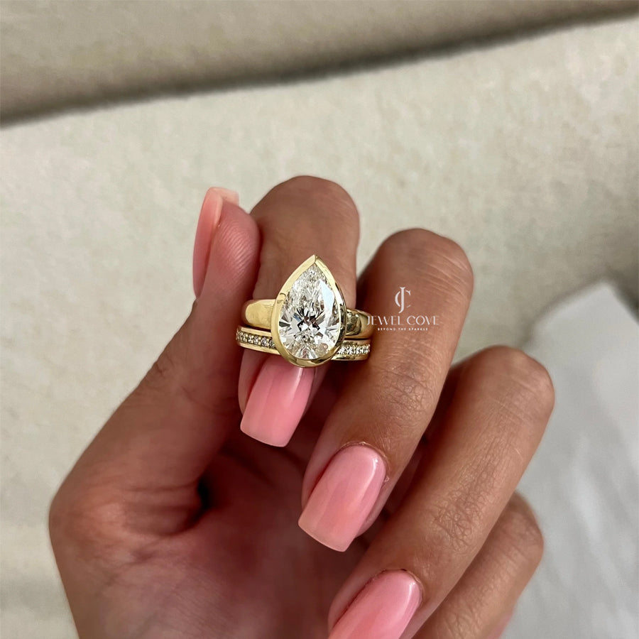 3CT Pear Sleek Bezel Setting Bridal Ring Set | Lab Grown Diamond | IGI Certified