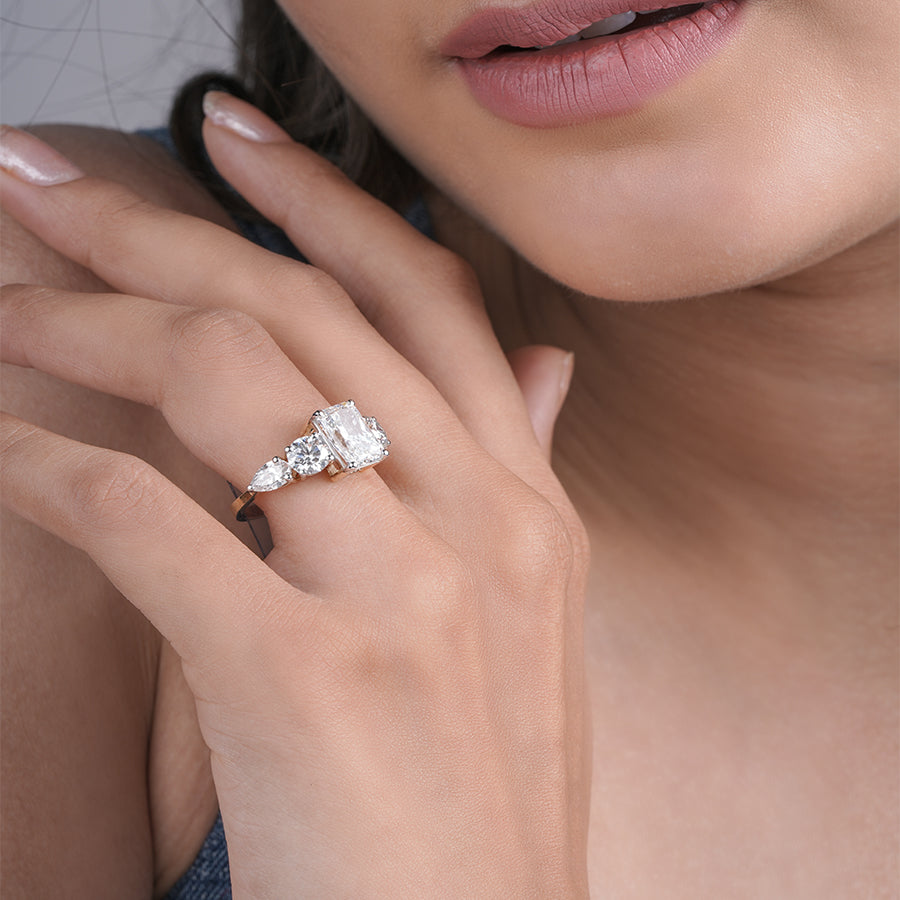 Emerald Cut Diamond Engagement Ring with Tapered Side Diamonds in White Gold, Elegant Three Stone Ring