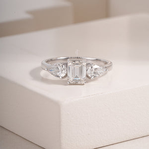 Three Stone Emerald & Pear Lab Solitaire Ring | 14K White Gold Eternity Ring | IGI Certified