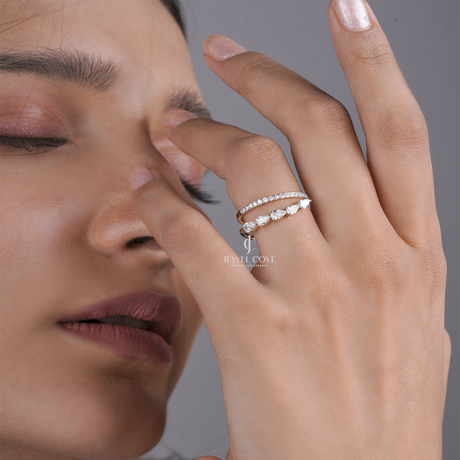 Pear Cut Lab Grown Elegant Yellow Gold Stackable Ring Diamonds and Slim Pave Band