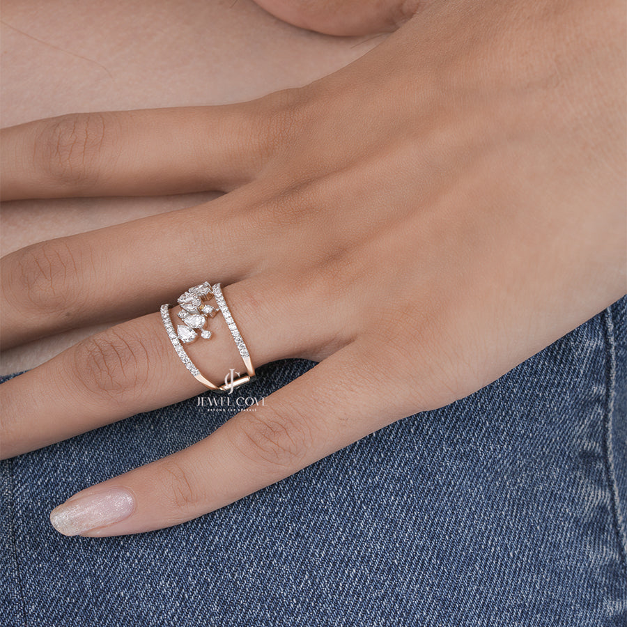 Open Cuff Moissanite Diamond Ring with Pear and Round Cut Diamonds in Yellow Gold