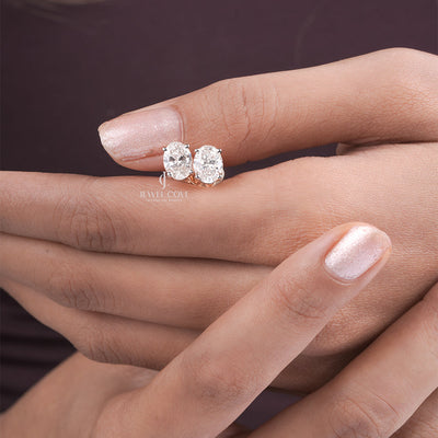 Rose Gold Oval Moissanite Diamond Studs – Elegant Oval Cut Solitaire Earrings for Daily Wear