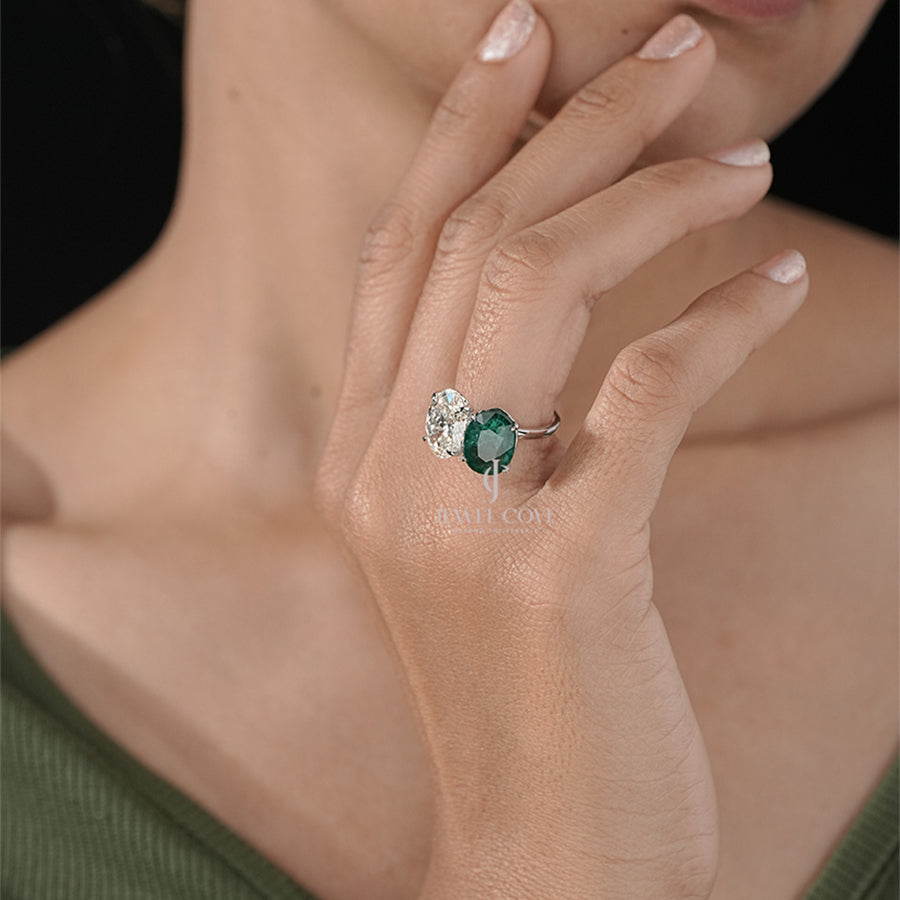 Two Stone Oval Cut Ring with Green Emerald and White Diamond