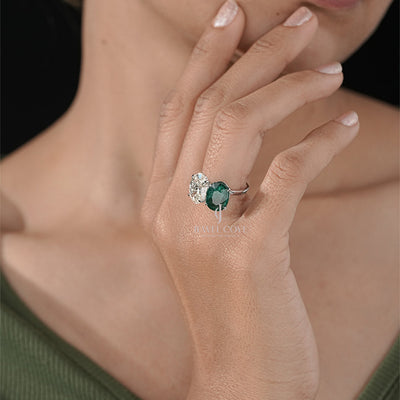 Two Stone Oval Cut Ring with Green Emerald and White Diamond
