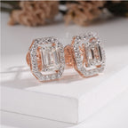 Brilliant Halo Emerald Diamond Stud Earrings with side round diamond