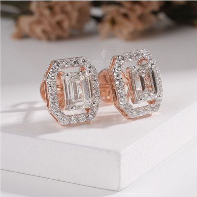 Brilliant Halo Emerald Diamond Stud Earrings with side round diamond