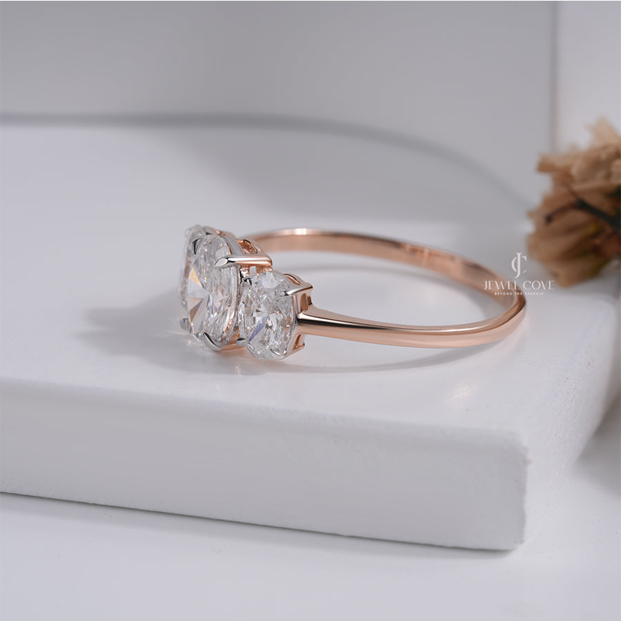 Three Stone Oval Diamond Ring for Women in Rose Gold | IGI Certified | E-F Color | VVS- VS Clarity