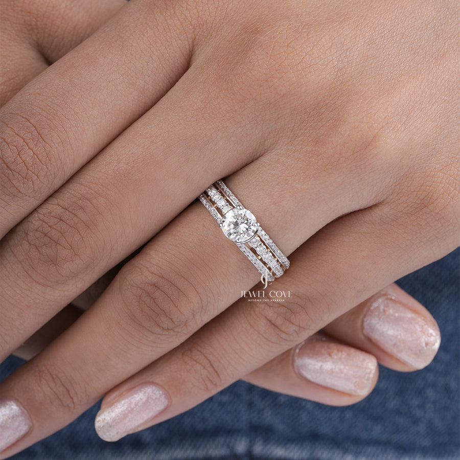 Round Brilliant Moissanite Diamond Engagement Ring with Split Pave Band in Yellow Gold | Luxury Bridal Jewelry