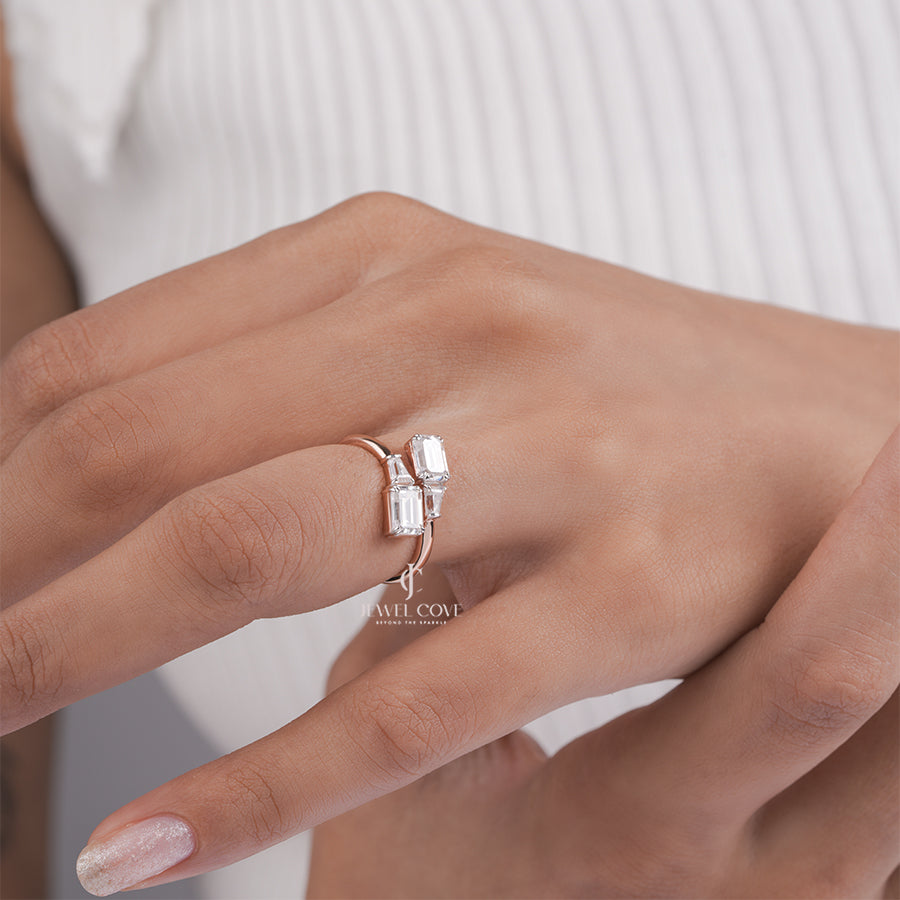 Bypass Moissanite Ring with Emerald-Cut and Tapered Baguette Diamonds, Modern Open-Style Gold Jewelry