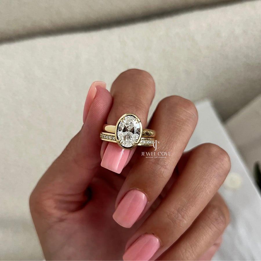 2 CT Elongated Oval IGI Certified Diamond Cathedral Setting Bridal Ring Set | Lab Grown Diamond