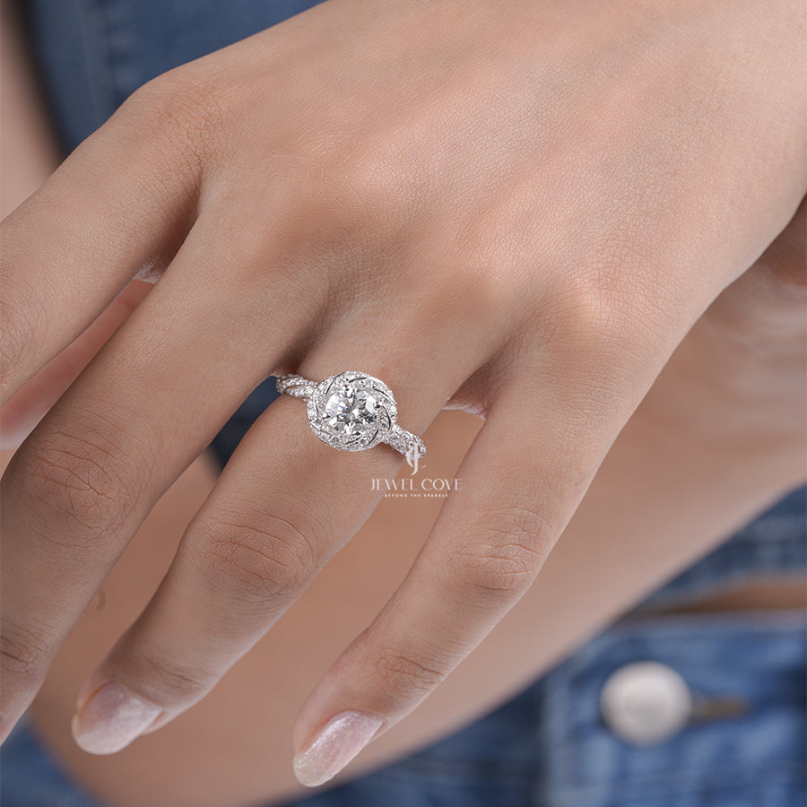 Round Cut Lab Grown Diamond Ring with Elegant Swirl Halo and Pave Diamond Band