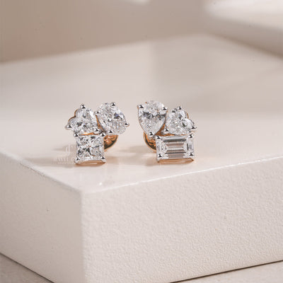 Multi Shape Moissanite Diamond Stud Earrings with Pear, Heart, and Emerald Cuts