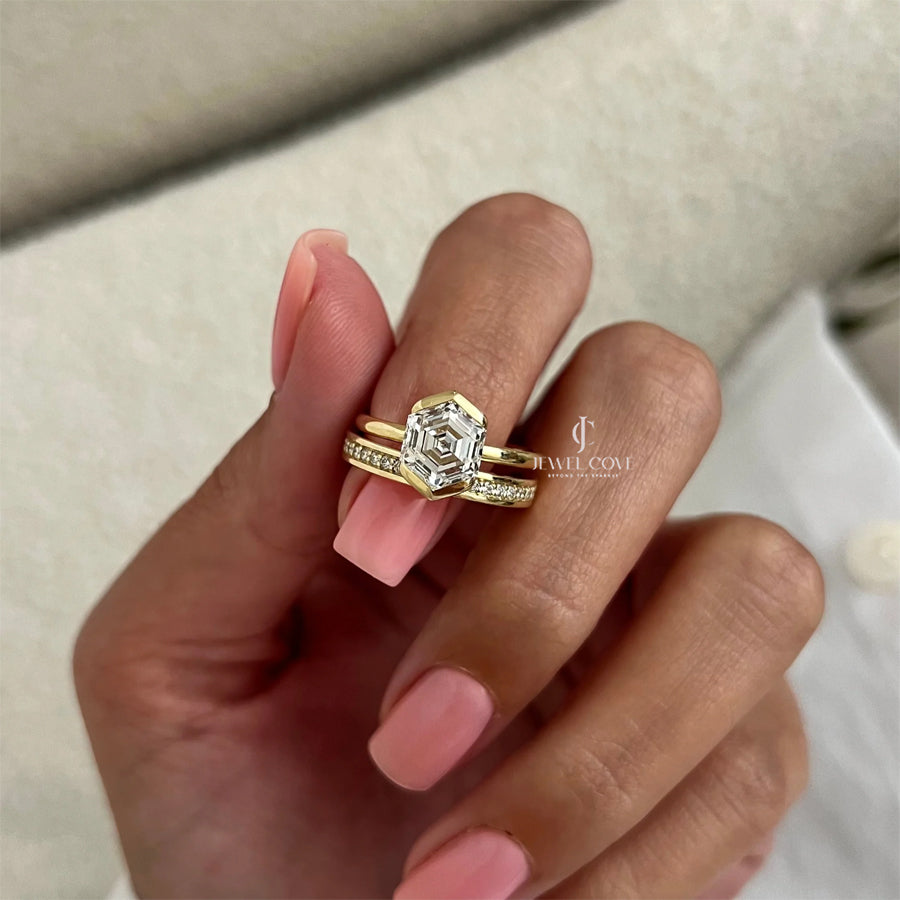 2CT Hexagon Lab Diamond North-South Half Bezel Bridal Ring Set | IGI Certified