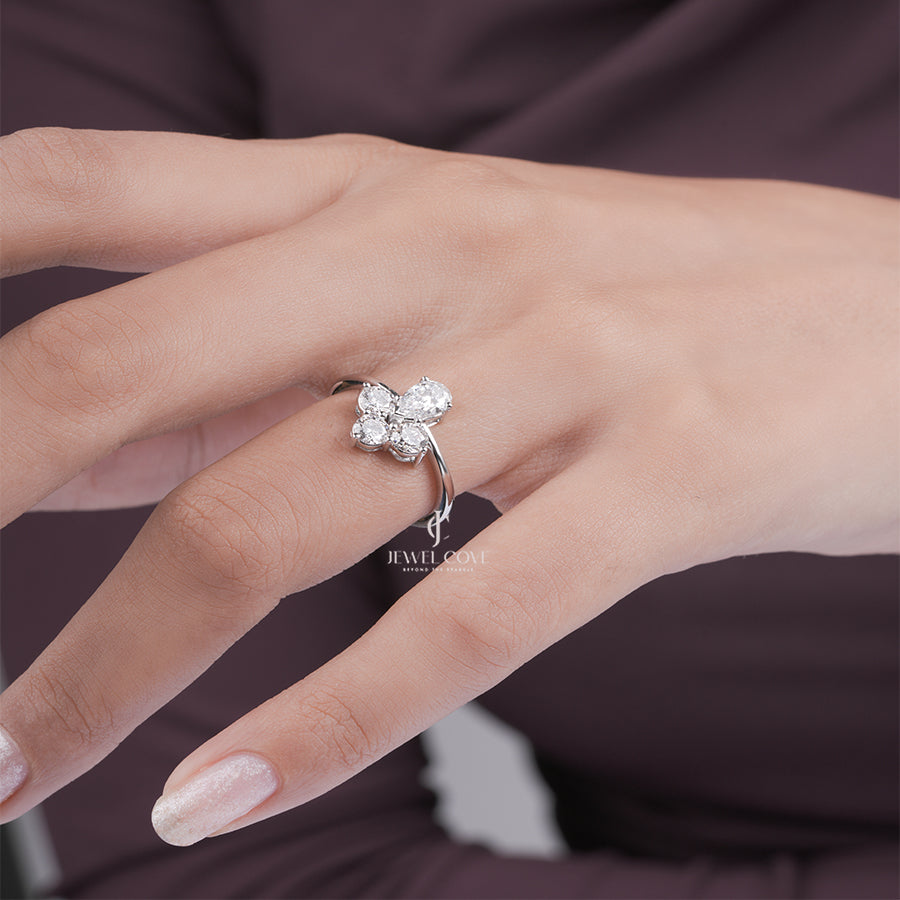 Pear Shape Moissanite Diamond Engagement Ring, Pear Cut Center with Round Side Stones