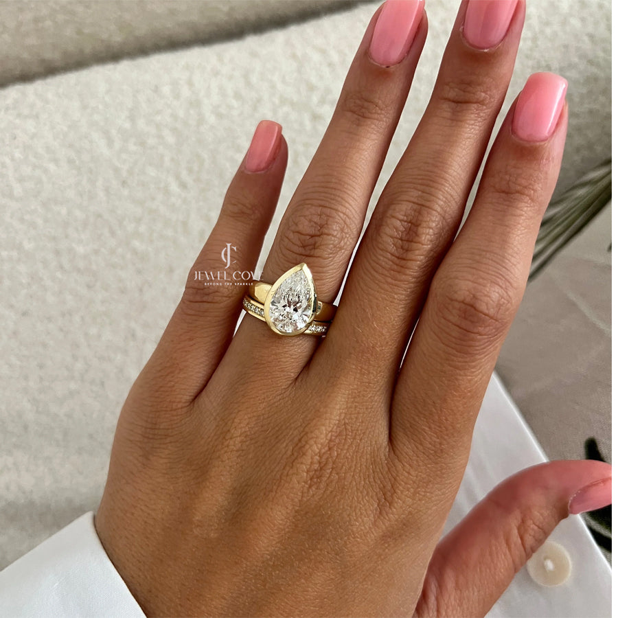3CT Pear Sleek Bezel Setting Bridal Ring Set | Lab Grown Diamond | IGI Certified