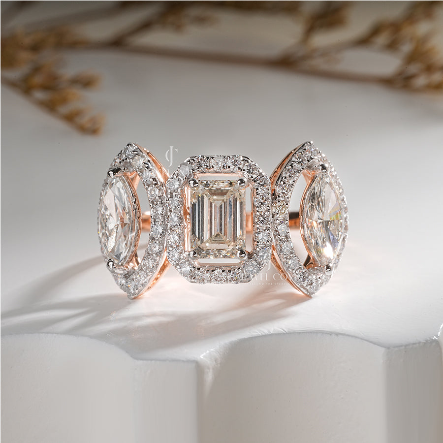 Emerald diamond with side Two Marquise Leafy Engagement Ring