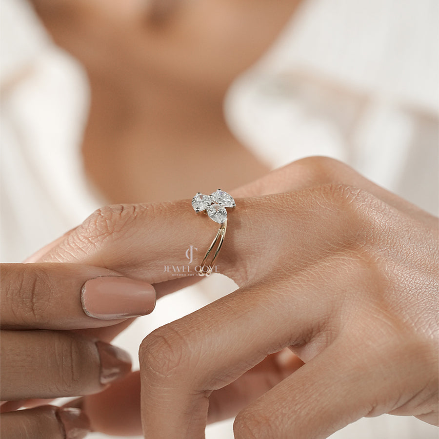 Luxury Triple Diamond Gold Ring – Unique Pear Cut Design