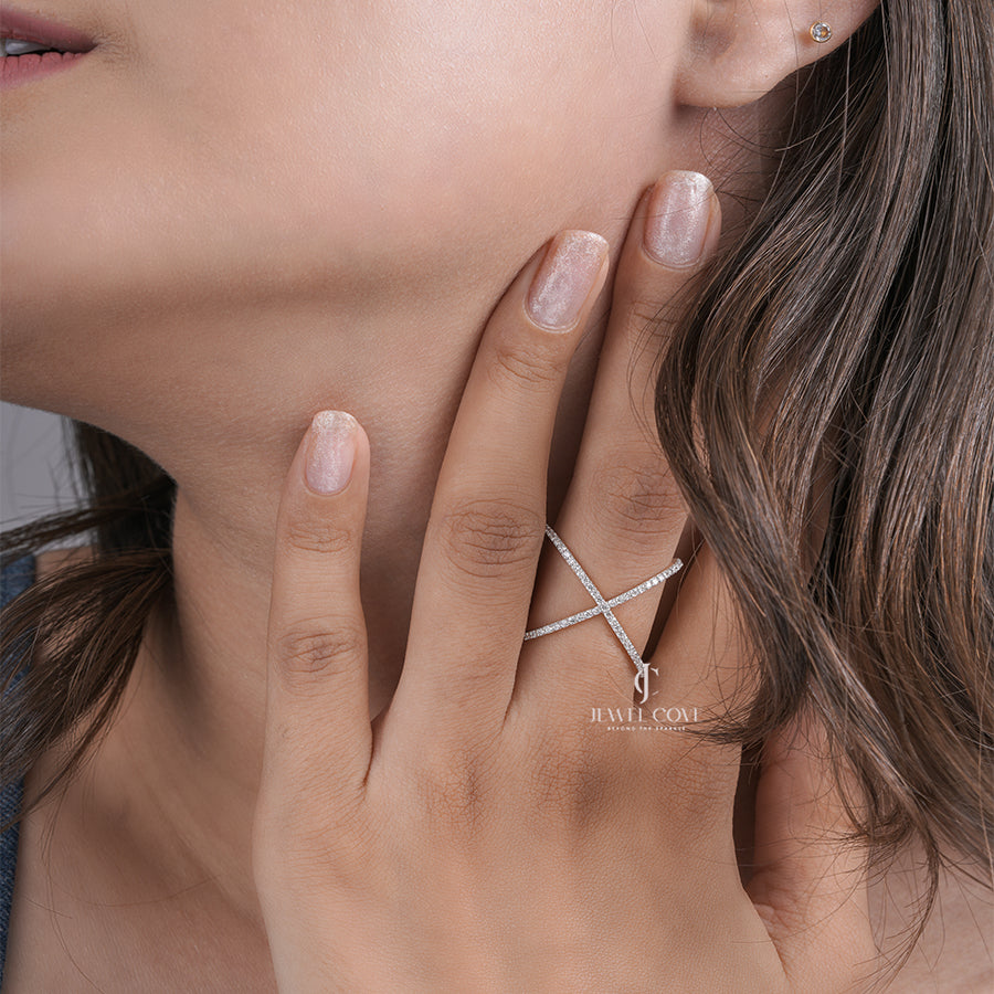 X-Shape Crossover Ring with Pave Detailing, Modern Elegant Gold Jewelry