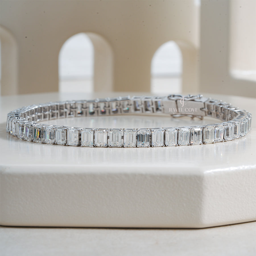 Emerald Cut Lab Grown Diamond Tennis Bracelet with Full Prong Setting, Brilliant Line Tennis Bracelet
