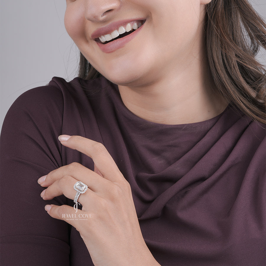 Emerald Cut Moissanite Diamond Ring, Halo Setting Engagement Ring, White Gold Double Band