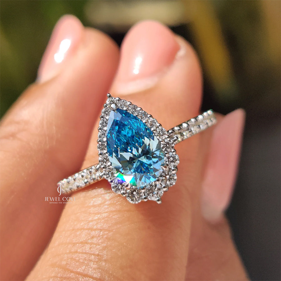 Cyan Blue Pear Diamond Ring In cathedral setting | Moissanite Diamonds | GRA Certified