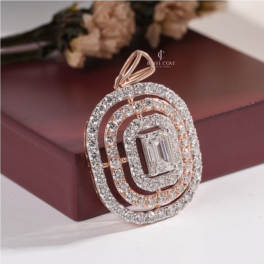 Statement Emerald Moissanite Diamond Pendant Necklace with Multi-Layered Halo