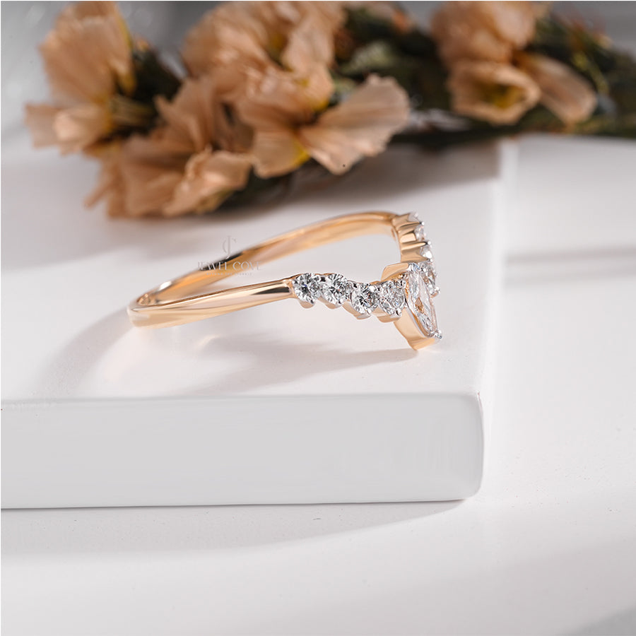 Elegant Marquise V-Shape Ring with Round Accents Engagement Band