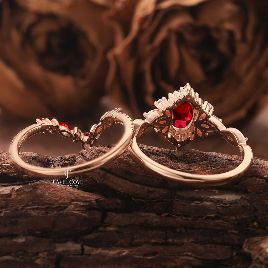 Art Deco Oval Shaped Ruby Gemstone Cluster Bridal Set Rings | Moissanite Diamonds | GRA Certified