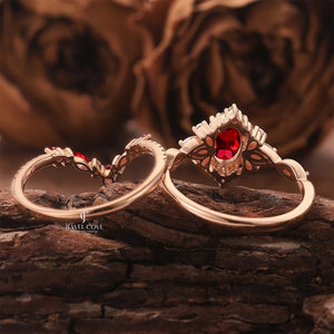 Art Deco Oval Shaped Ruby Gemstone Cluster Bridal Set Rings | Moissanite Diamonds | GRA Certified