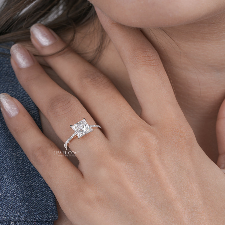 Princess Lab Diamond Engagement Ring with Pave Band in Yellow Gold, Classic Solitaire Fine Jewelry