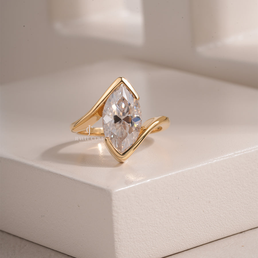 Marquise Cut Diamond Solitaire Ring with Unique V-Shaped Setting 18K Gold Ring